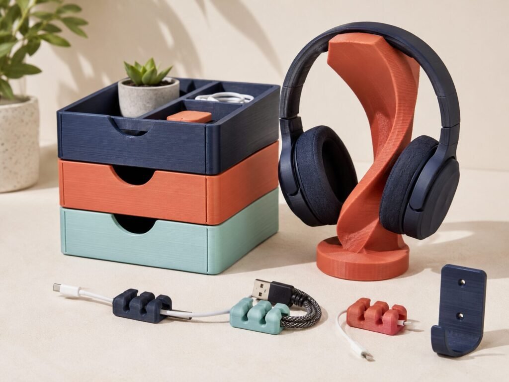 3D printed desk organizer, headphone stand and cable clips